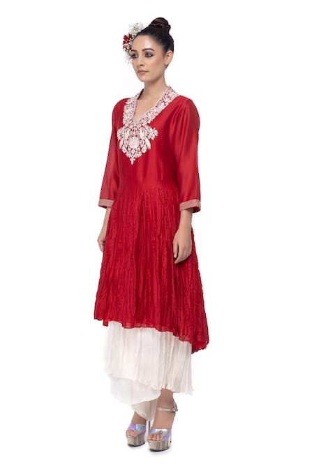 Neeta Bhargava Red Cotton Silk Embroidered Kurta And Palazzo Set Online at Aza Fashions Neeta Bhargava_Red Cotton Silk Embroidered Kurta And Palazzo Set _Online_at_Aza_Fashions