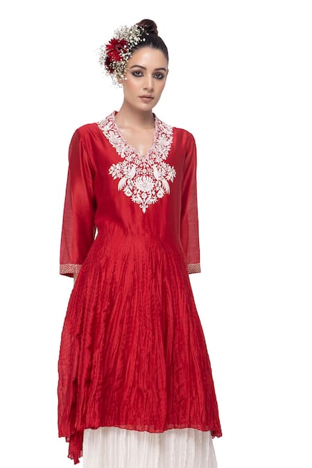 Buy Neeta Bhargava Red Cotton Silk Embroidered Kurta And Palazzo Set Online at Aza Fashions Buy_Neeta Bhargava_Red Cotton Silk Embroidered Kurta And Palazzo Set _Online_at_Aza_Fashions