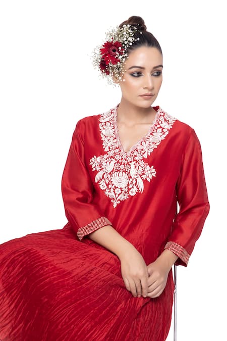Shop Neeta Bhargava Red Cotton Silk Embroidered Kurta And Palazzo Set Online at Aza Fashions Shop_Neeta Bhargava_Red Cotton Silk Embroidered Kurta And Palazzo Set _Online_at_Aza_Fashions