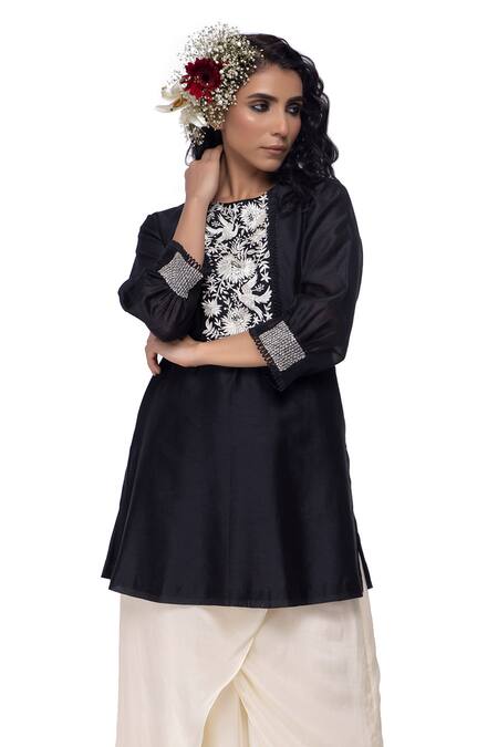 Shop_Neeta Bhargava_Black Cotton Silk Embroidered Kurta And Skirt Set _Online_at_Aza_Fashions