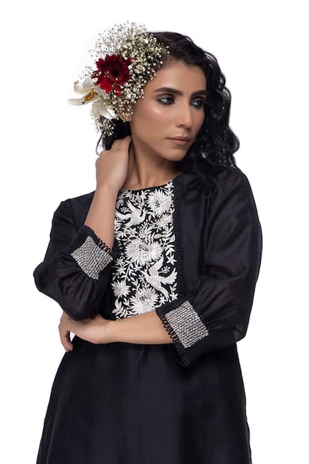 Neeta Bhargava_Black Cotton Silk Embroidered Kurta And Skirt Set _at_Aza_Fashions