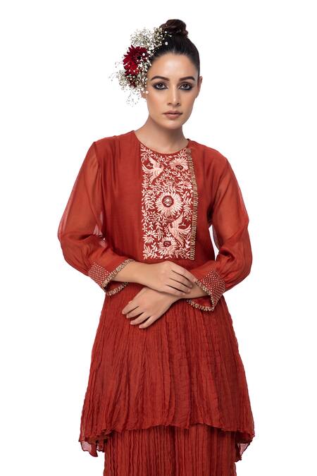 Buy_Neeta Bhargava_Red Cotton Silk Embroidered Kurta And Skirt Set _Online_at_Aza_Fashions