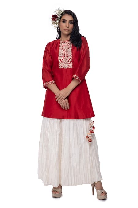 Neeta Bhargava Red Cotton Silk Hand-painted Kurta And Palazzo Set