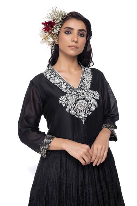 Shop Neeta Bhargava Black Cotton Silk Embroidered Kurta And Pant Set Online at Aza Fashions Shop_Neeta Bhargava_Black Cotton Silk Embroidered Kurta And Pant Set _Online_at_Aza_Fashions
