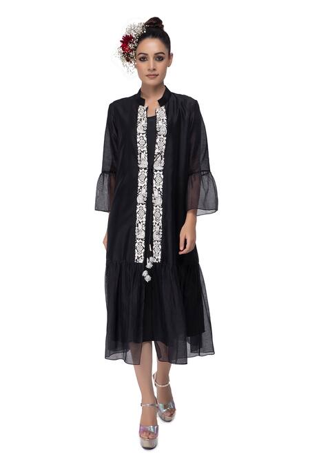 Buy_Neeta Bhargava_Black Cotton Silk Embroidered Dress _Online_at_Aza_Fashions