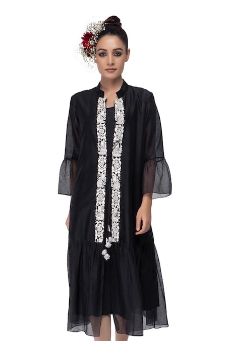 Neeta Bhargava Black Cotton Silk Embroidered Dress