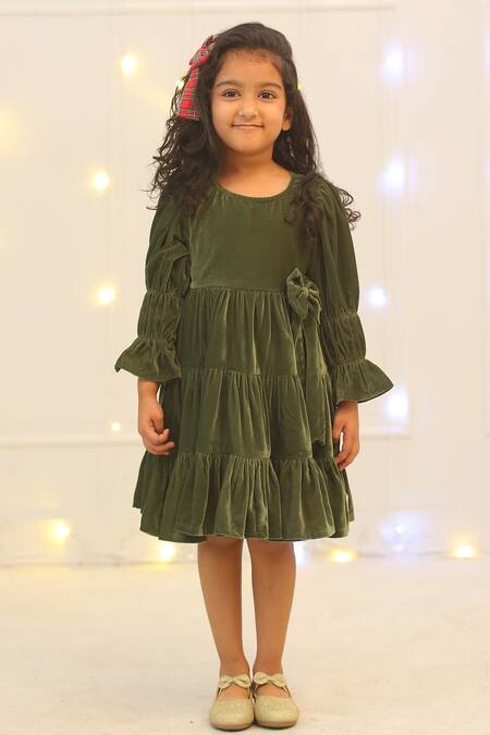 Bagichi_Green Polyester, Cotton Velora Three Tiered Dress _Online_at_Aza_Fashions