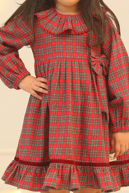 Bagichi_Red Cotton, Flannel Eleonore Dress _Online_at_Aza_Fashions