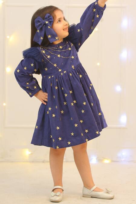Bagichi_Blue Cotton, Corduroy Embroidery Celestine Star Dress_Online_at_Aza_Fashions
