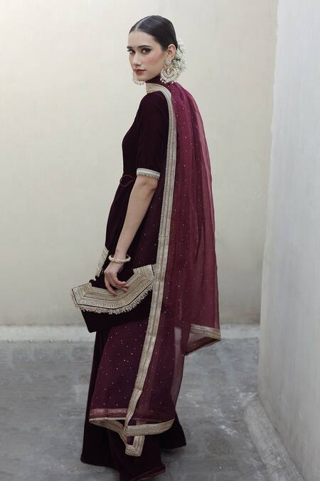 Shop_Shrutkirti_Maroon Silk, Velvet Embroidery Scoop Neck Zoya Straight Hem Kurta Sharara Set _Online_at_Aza_Fashions
