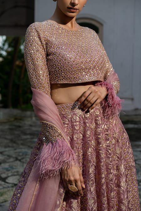 Amrin Khan_Pink Organza Sequin And Cutdana, Thread, Floral Embroidered Bridal Lehenga Set _Online_at_Aza_Fashions