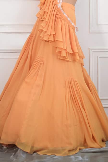 PIRI INDIA_Yellow Tulle, Georgette Embroidery, Beads, Pearls, Hand Blouse Lehenga Set _Online_at_Aza_Fashions