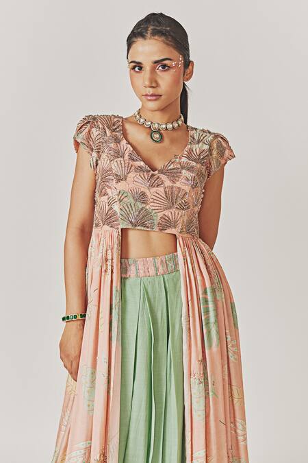 Anu Pellakuru_Peach Muslin, Silk Sequins, Cut Work V-neck Embellished Top With Flared Pant_Online_at_Aza_Fashions
