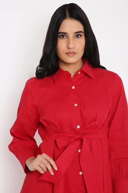 Buy Bha Sha Red Modal, Satin Collared Tunic With Pant Online at Aza Fashions Buy_Bha Sha_Red Modal, Satin Collared Tunic With Pant _Online_at_Aza_Fashions