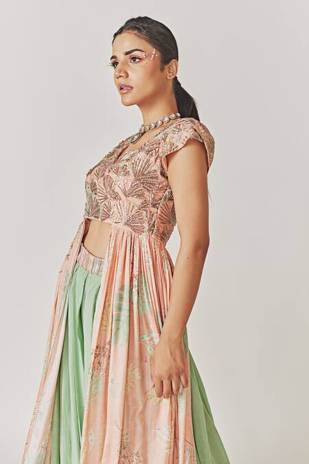 Buy_Anu Pellakuru_Peach Muslin, Silk Sequins, Cut Work V-neck Embellished Top With Flared Pant_Online_at_Aza_Fashions