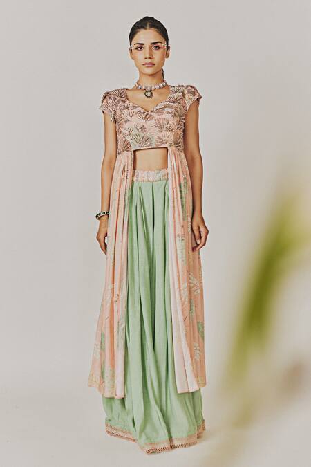 Buy_Anu Pellakuru_Peach Muslin, Silk Sequins, Cut Work V-neck Embellished Top With Flared Pant