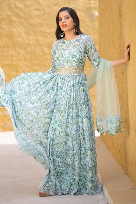 House Of Tushaom_Green Georgette Printed Tropical Round Anarkali With Dupatta _Online_at_Aza_Fashions