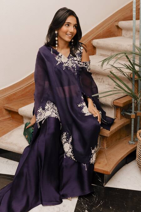Shop Nehha Nhata Purple Organza And Silk Satin Floral Motifs V Neck One Shoulder Cape Palazzo Set Online at Aza Fashions Shop_Nehha Nhata_Purple Organza And Silk Satin Floral Motifs V Neck One Shoulder Cape Palazzo Set _Online_at_Aza_Fashions