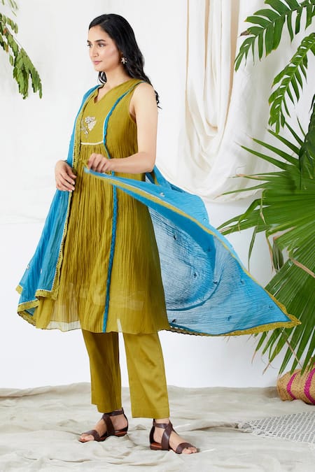Buy_Devyani Mehrotra_Blue Kurta And Dupatta Chanderi Lining Viscose Crepe Pant Glazed & Set_Online_at_Aza_Fashions