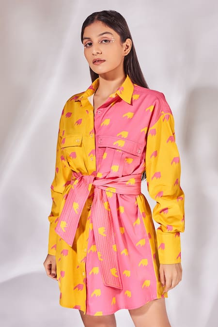Senren By Eshana Raut_Yellow Cotton Collared Colorblock Shirt Dress _Online_at_Aza_Fashions