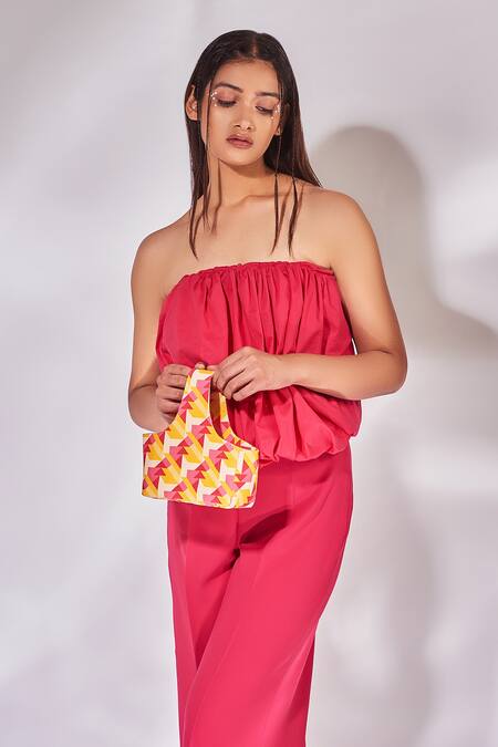 Senren By Eshana Raut_Fuchsia Cotton Scrunchie Top And Culotte Pant Set _Online_at_Aza_Fashions