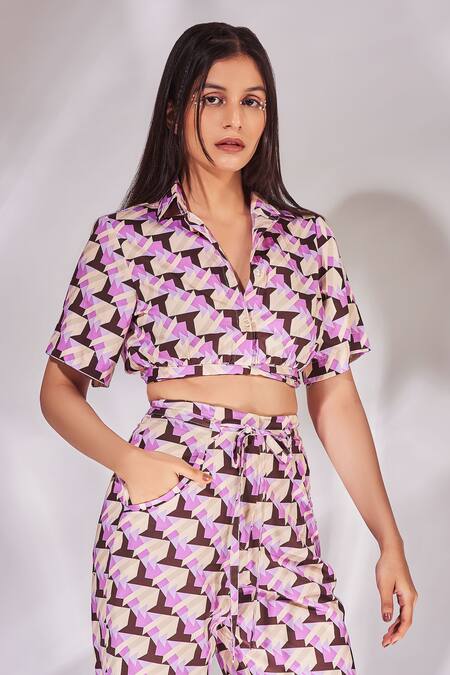 Senren By Eshana Raut_Purple Cotton Collared Geometric Print Cropped Shirt With Pant _Online_at_Aza_Fashions