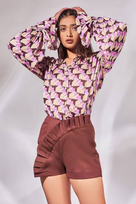 Senren By Eshana Raut_Purple Crepe, Cotton Collared Geometric Print Shirt With Shorts _Online_at_Aza_Fashions
