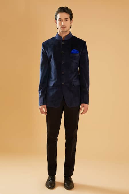Raghavendra Rathore Blue Blue Velvet Mandarin Collar Bandhgala Online at Aza Fashions Raghavendra Rathore Blue_Blue Velvet Mandarin Collar Bandhgala _Online_at_Aza_Fashions