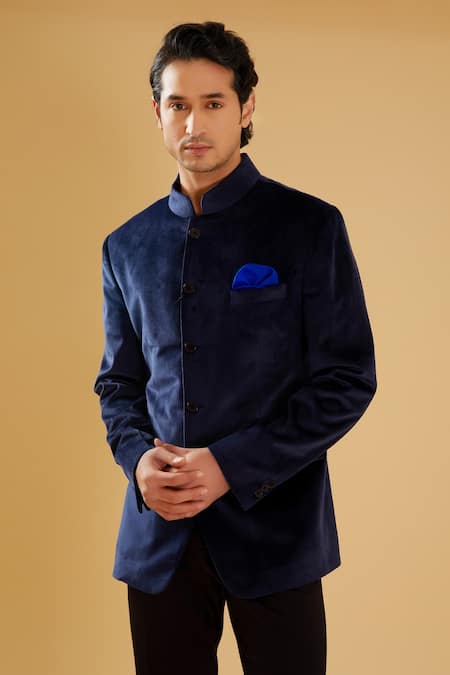 Shop Raghavendra Rathore Blue Blue Velvet Mandarin Collar Bandhgala Online at Aza Fashions Shop_Raghavendra Rathore Blue_Blue Velvet Mandarin Collar Bandhgala _Online_at_Aza_Fashions