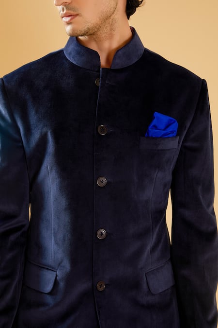 Raghavendra Rathore Blue Blue Velvet Mandarin Collar Bandhgala at Aza Fashions Raghavendra Rathore Blue_Blue Velvet Mandarin Collar Bandhgala _at_Aza_Fashions