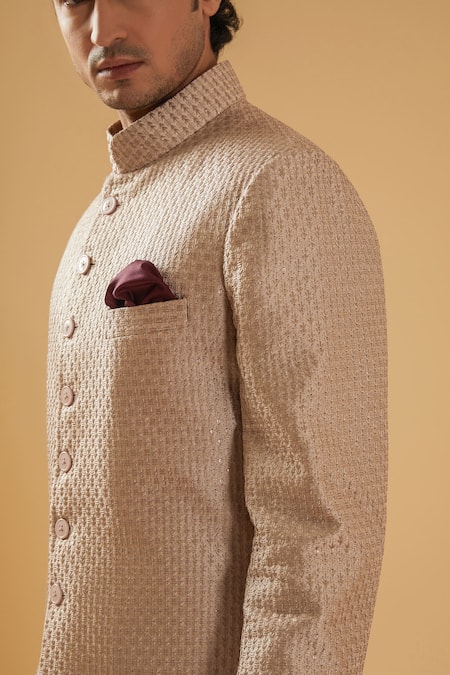 Raghavendra Rathore Blue_Beige Raw Silk Embroidery Thread Leaf Achkan _Online_at_Aza_Fashions