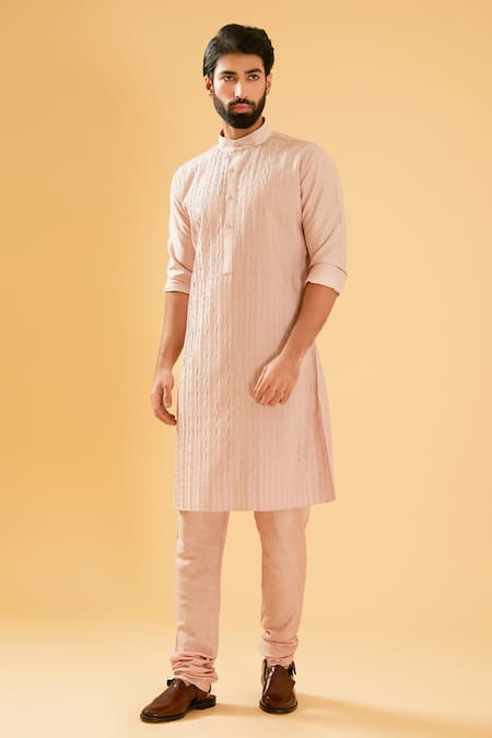 Raghavendra Rathore Blue Pink Silk Half Button Down Pleated Kurta Online at Aza Fashions Raghavendra Rathore Blue_Pink Silk Half Button Down Pleated Kurta _Online_at_Aza_Fashions