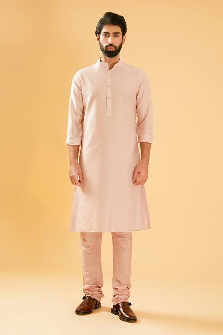 Raghavendra Rathore Blue Pink Silk Raw Half Button Placket Kurta Online at Aza Fashions Raghavendra Rathore Blue_Pink Silk Raw Half Button Placket Kurta _Online_at_Aza_Fashions