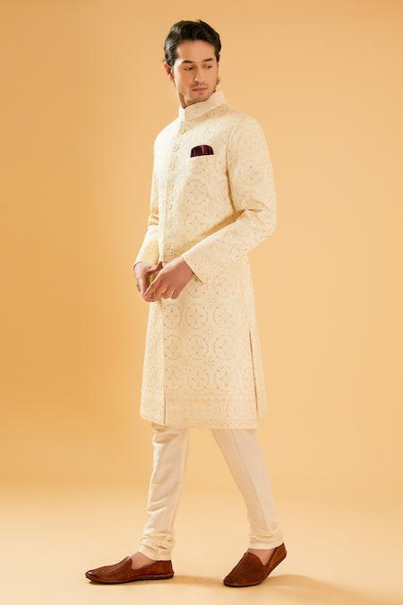 Raghavendra Rathore Blue_Off White Silk Sequins Geometric Embroidered Achkan _Online_at_Aza_Fashions