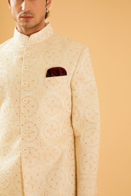 Buy_Raghavendra Rathore Blue_Off White Silk Sequins Geometric Embroidered Achkan _Online_at_Aza_Fashions