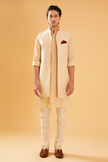 Raghavendra Rathore Blue Off White Silk Embroidery Geometric Bundi Online at Aza Fashions Raghavendra Rathore Blue_Off White Silk Embroidery Geometric Bundi _Online_at_Aza_Fashions