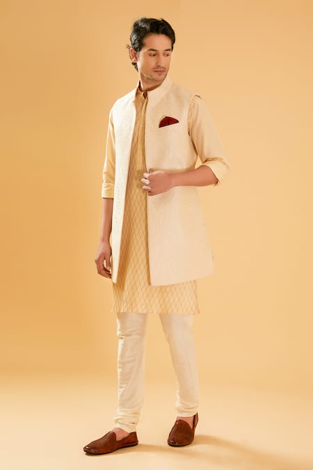 Buy Raghavendra Rathore Blue Off White Silk Embroidery Geometric Bundi Online at Aza Fashions Buy_Raghavendra Rathore Blue_Off White Silk Embroidery Geometric Bundi _Online_at_Aza_Fashions