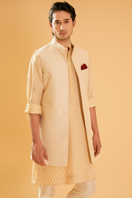 Shop Raghavendra Rathore Blue Off White Silk Embroidery Geometric Bundi Online at Aza Fashions Shop_Raghavendra Rathore Blue_Off White Silk Embroidery Geometric Bundi _Online_at_Aza_Fashions