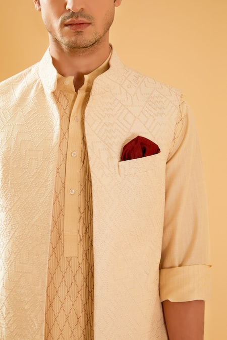 Raghavendra Rathore Blue Off White Silk Embroidery Geometric Bundi at Aza Fashions Raghavendra Rathore Blue_Off White Silk Embroidery Geometric Bundi _at_Aza_Fashions