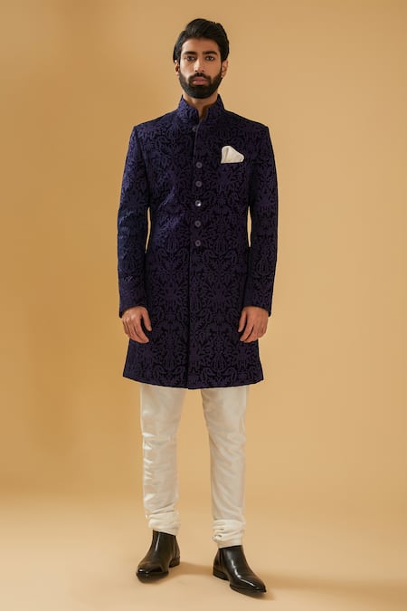 Raghavendra Rathore Blue_Blue Velvet Embroidery Floral Achkan _Online_at_Aza_Fashions