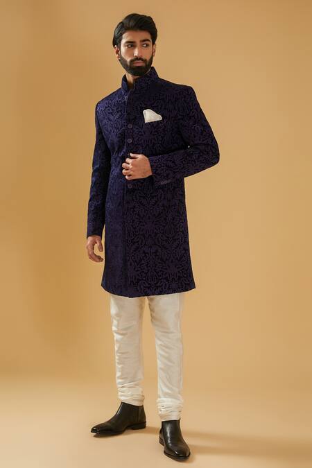 Buy_Raghavendra Rathore Blue_Blue Velvet Embroidery Floral Achkan _Online_at_Aza_Fashions