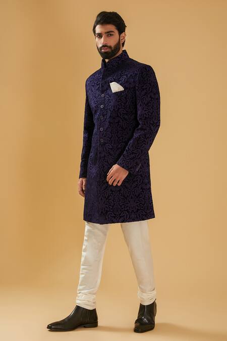 Shop_Raghavendra Rathore Blue_Blue Velvet Embroidery Floral Achkan _Online_at_Aza_Fashions