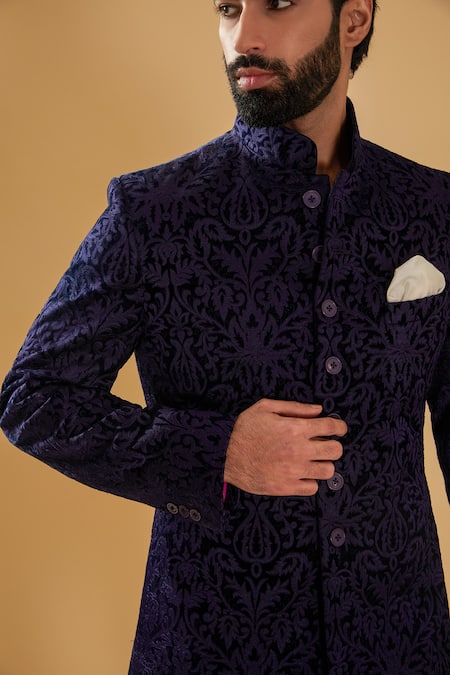 Raghavendra Rathore Blue_Blue Velvet Embroidery Floral Achkan _at_Aza_Fashions