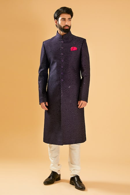 Raghavendra Rathore Blue Blue Silk Sequins, Embroidery And Thread Achkan Online at Aza Fashions Raghavendra Rathore Blue_Blue Silk Sequins, Embroidery And Thread Achkan _Online_at_Aza_Fashions