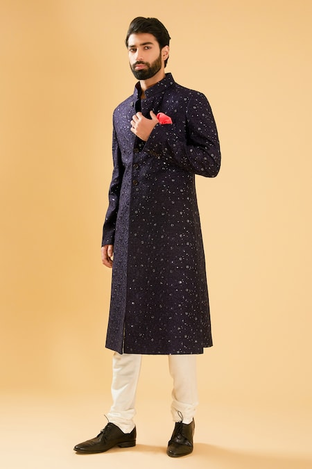 Shop Raghavendra Rathore Blue Blue Silk Sequins Flower And Embroidered Achkan Online at Aza Fashions Shop_Raghavendra Rathore Blue_Blue Silk Sequins Flower And Embroidered Achkan _Online_at_Aza_Fashions