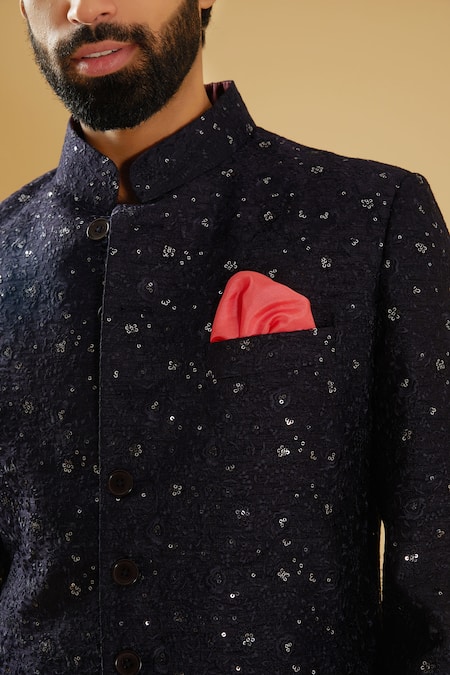 Raghavendra Rathore Blue Blue Silk Sequins Flower And Embroidered Achkan at Aza Fashions Raghavendra Rathore Blue_Blue Silk Sequins Flower And Embroidered Achkan _at_Aza_Fashions