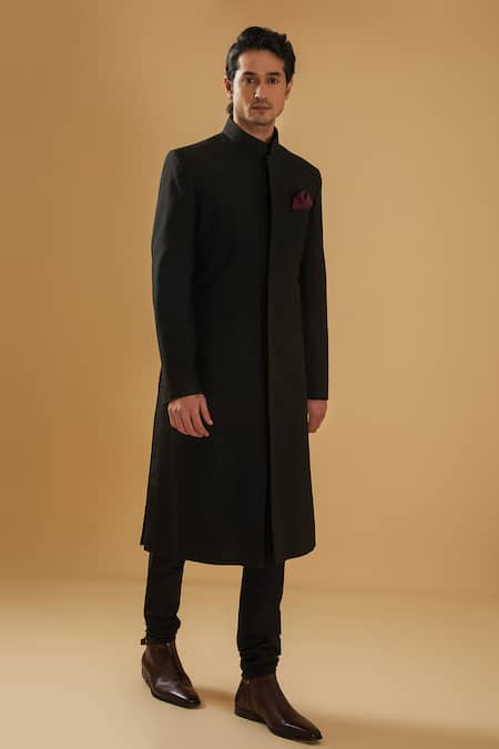 Raghavendra Rathore Blue_Black Silk Pintuck Achkan _Online_at_Aza_Fashions