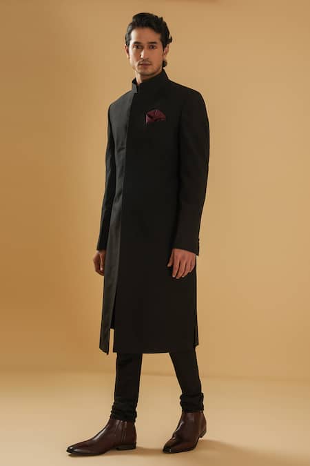 Buy_Raghavendra Rathore Blue_Black Silk Pintuck Achkan _Online_at_Aza_Fashions