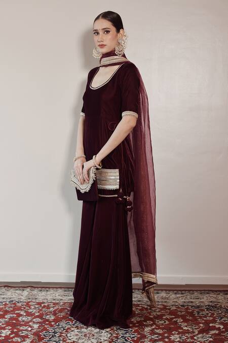 Shrutkirti_Maroon Silk, Velvet Embroidery Scoop Neck Zoya Straight Hem Kurta Sharara Set _at_Aza_Fashions