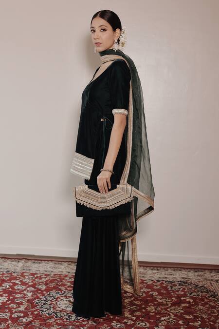 Shrutkirti_Green Silk, Velvet, Chiffon Sequins, Zoya Embellished Kurta Sharara Set_at_Aza_Fashions